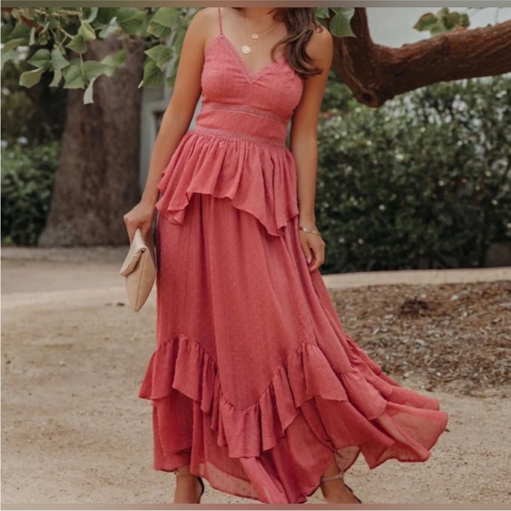 EUC Size‎ Large Elegant Pink Maxi Ruffle Tiered Womens  Dress